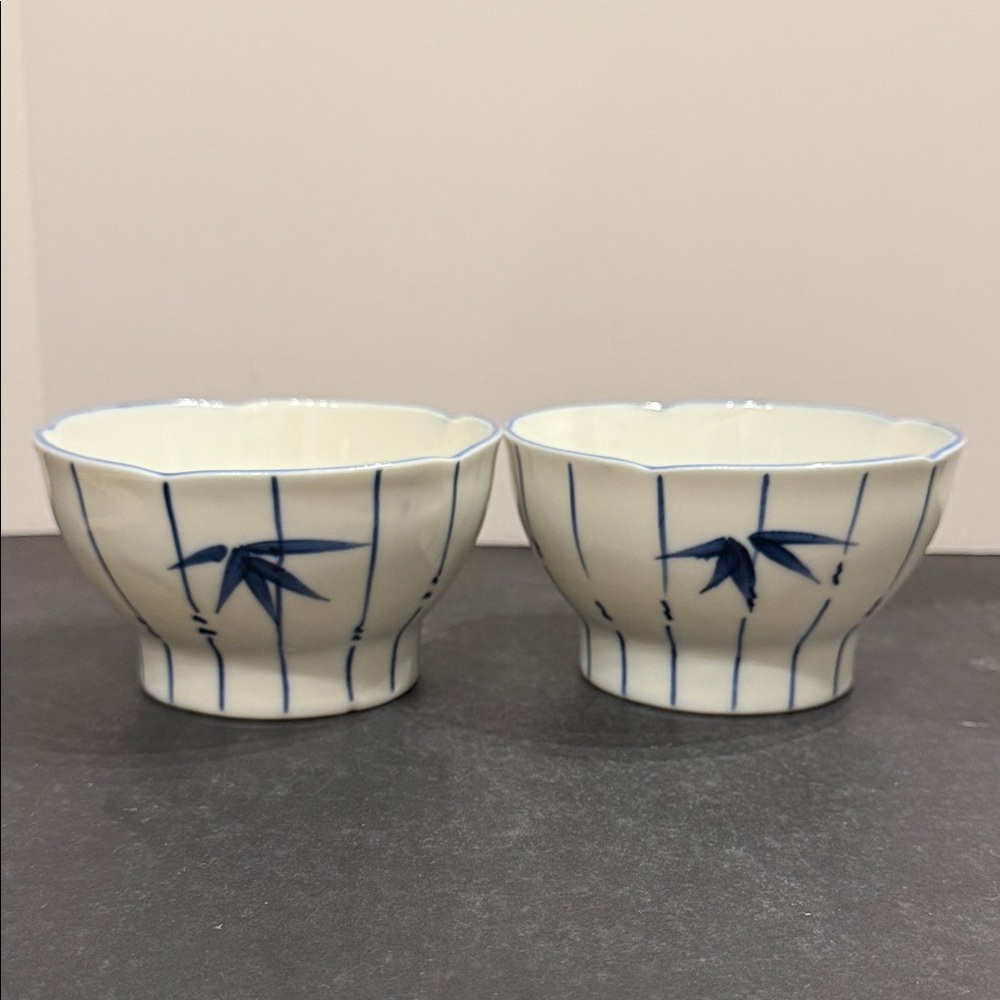 Japanese-style ceramic bowls for soup or rice- set of 2 blue and white bamboo